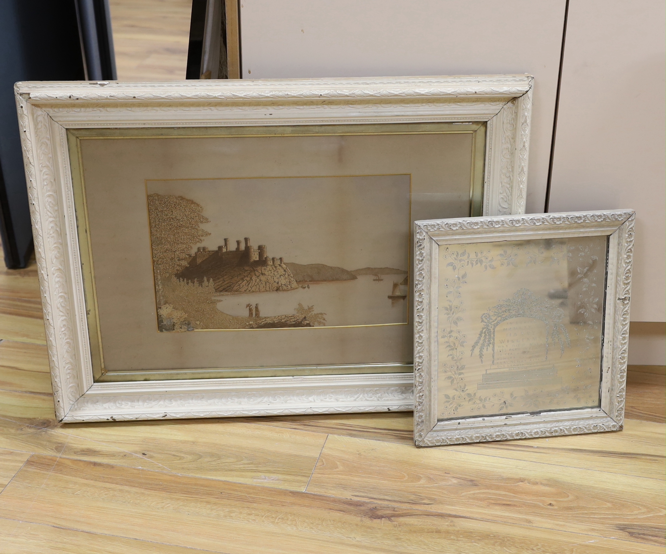 A cork picture and a Victorian engraved mirror, ‘In memory of Harry Williams, died 1893, aged fourteen’, largest 43 x 26cm